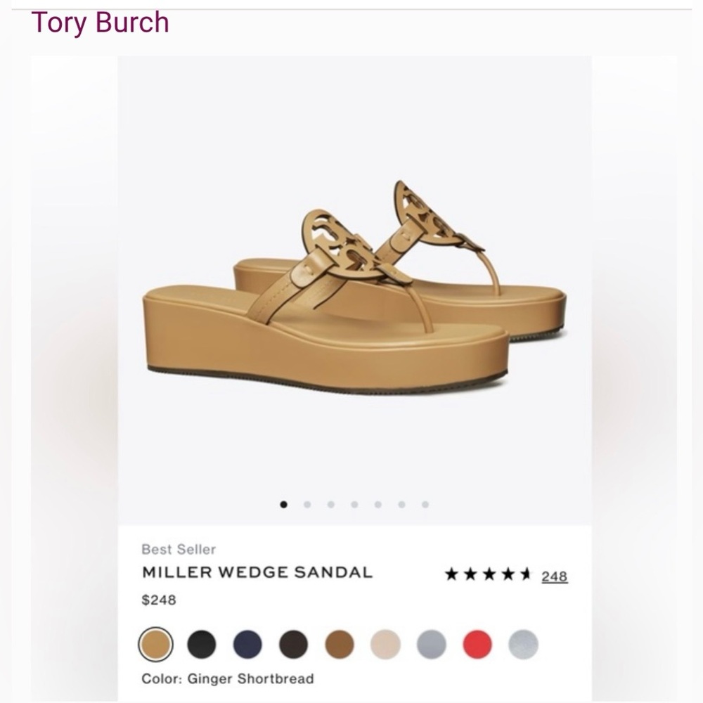 NEW Tory Burch Miller Leather Logo Wedge Thong Sandals $250 - Picture 2 of 11